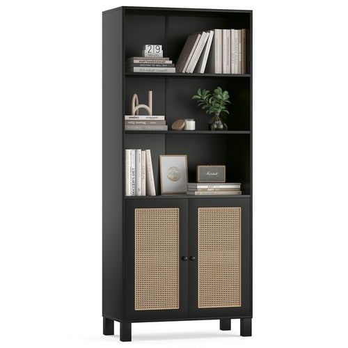 Tall 5-Tier Rattan Door Bookcase Storage Cabinet Black