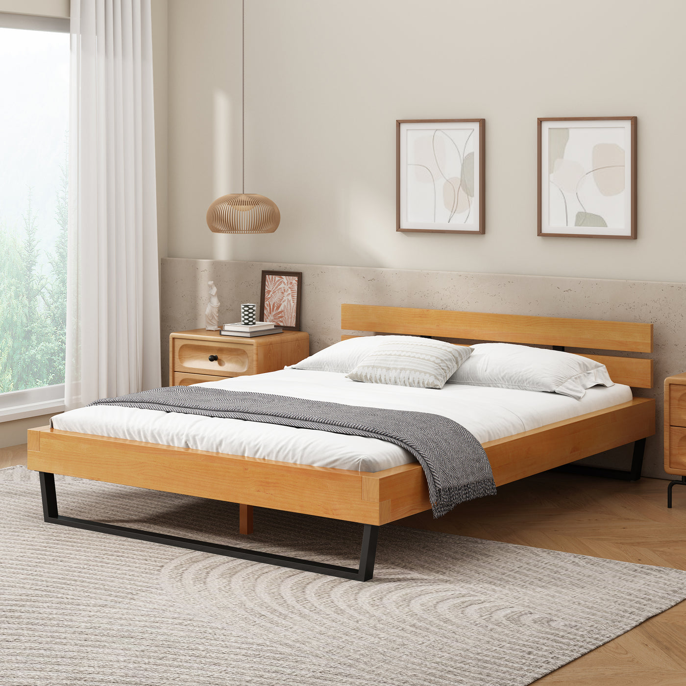 Queen Pine Wood Bed Frame Natural Black
