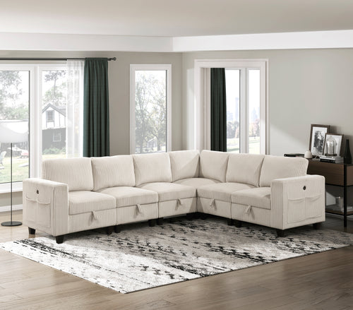 6-Piece Modular Sectional with Storage Seats Beige Corduroy