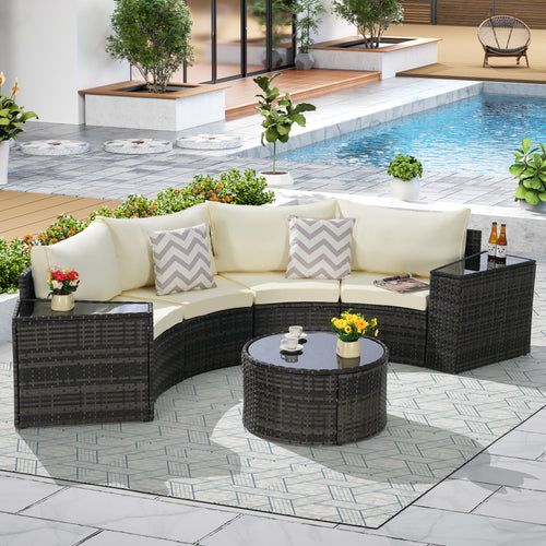 7-Piece Half-Moon Sectional Patio Sofa Set with Round Glass Table