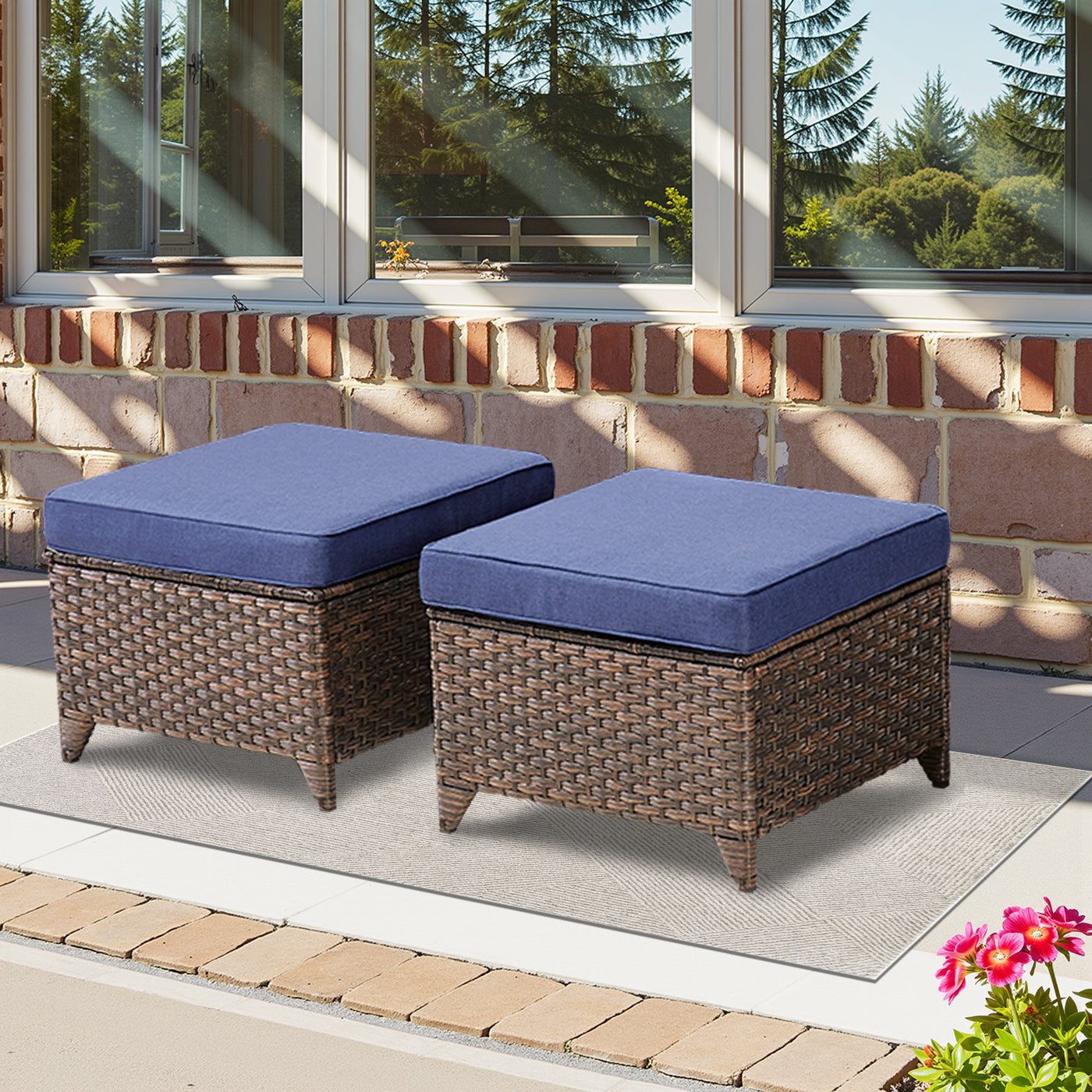 Outdoor PE Wicker Ottomans Set of 2 Gray Rattan Footrests