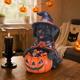 Halloween Black Labrador Retriever Witch Puppy Figurine, Cute Dog Holding Pumpki