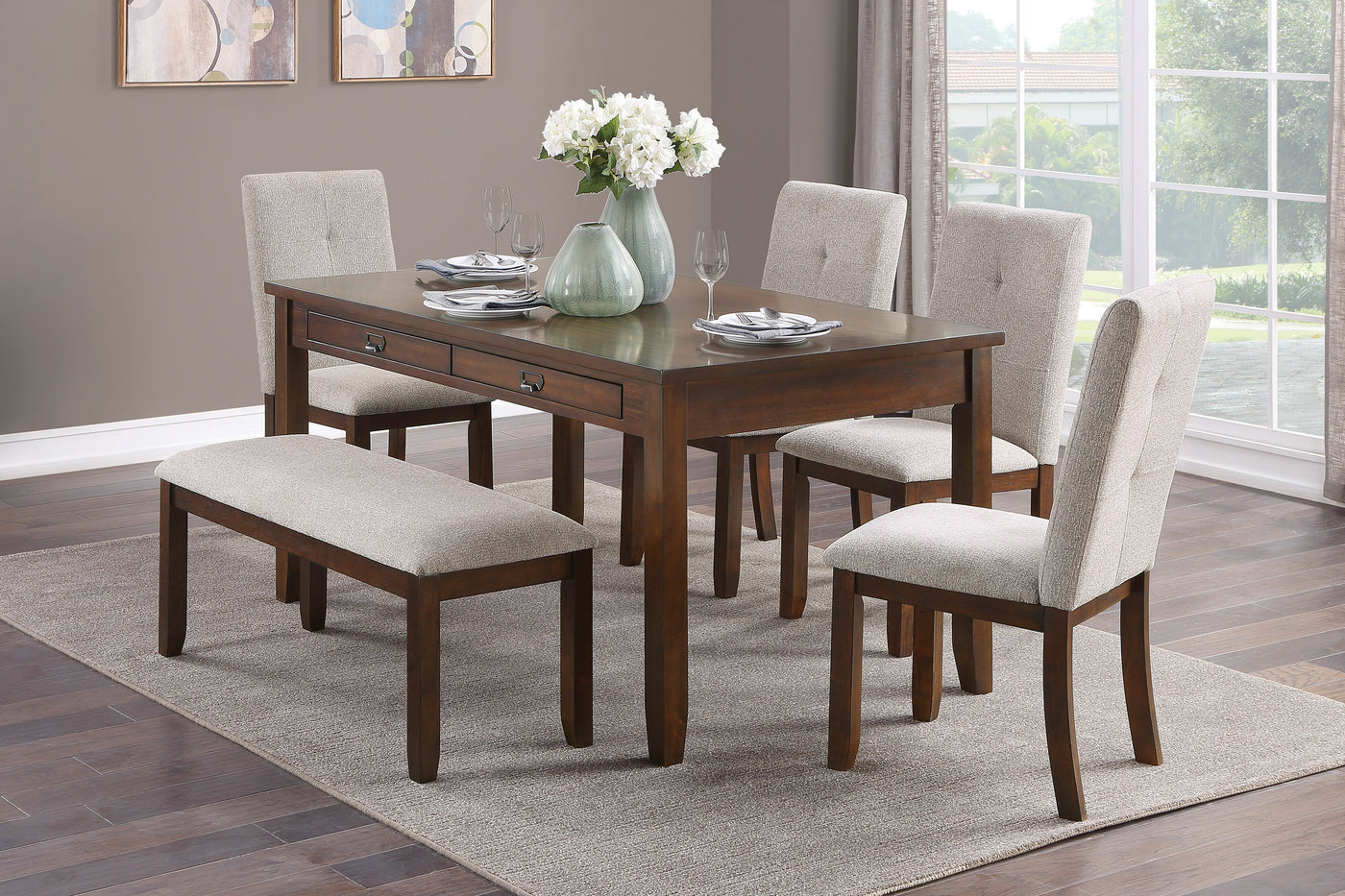 6pc Dark Cherry Dining Set Table Bench 4 Chairs Chenille Upholstery
