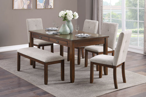 6pc Dark Cherry Dining Set Table Bench 4 Chairs Chenille Upholstery