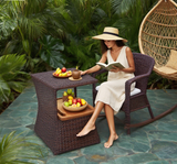 Outdoor Side Table PE Rattan Wicker Brown Umbrella Hole 21in