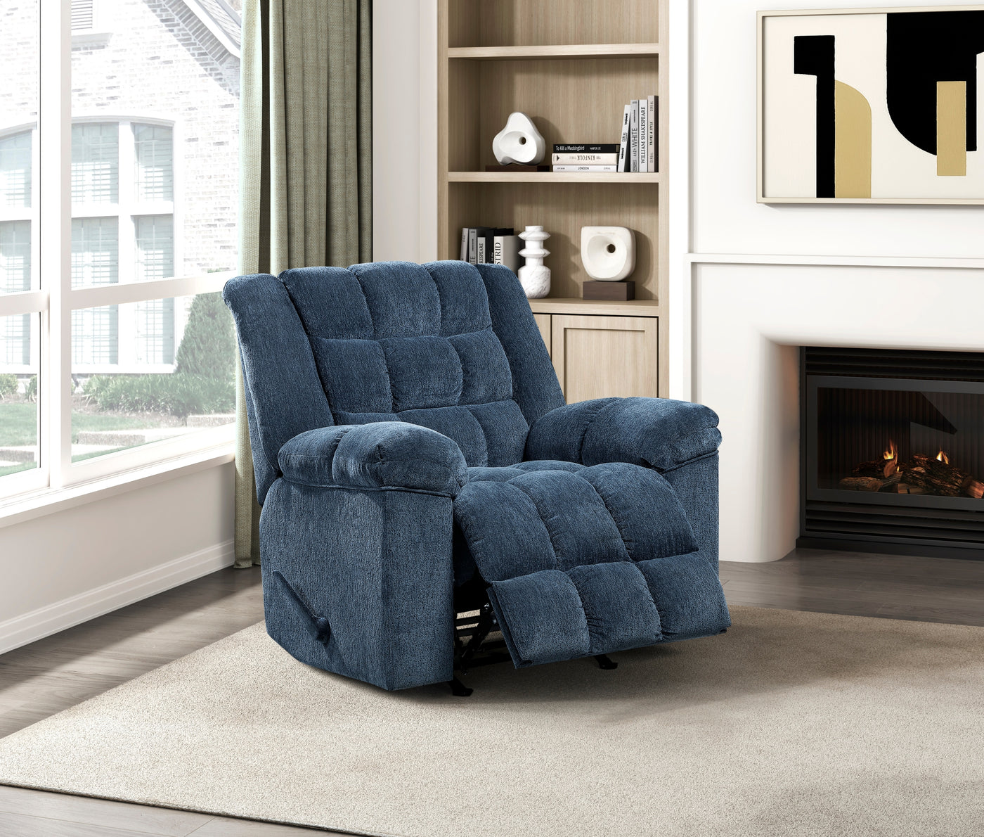 Blue Chenille Reclining Chair with Rocking Motion