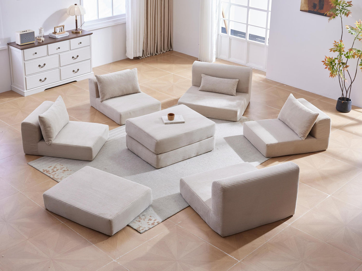 Sectional Sofa L-Shape Fabric Camel 4 Seat 100 In 5 Pillows No Assembly