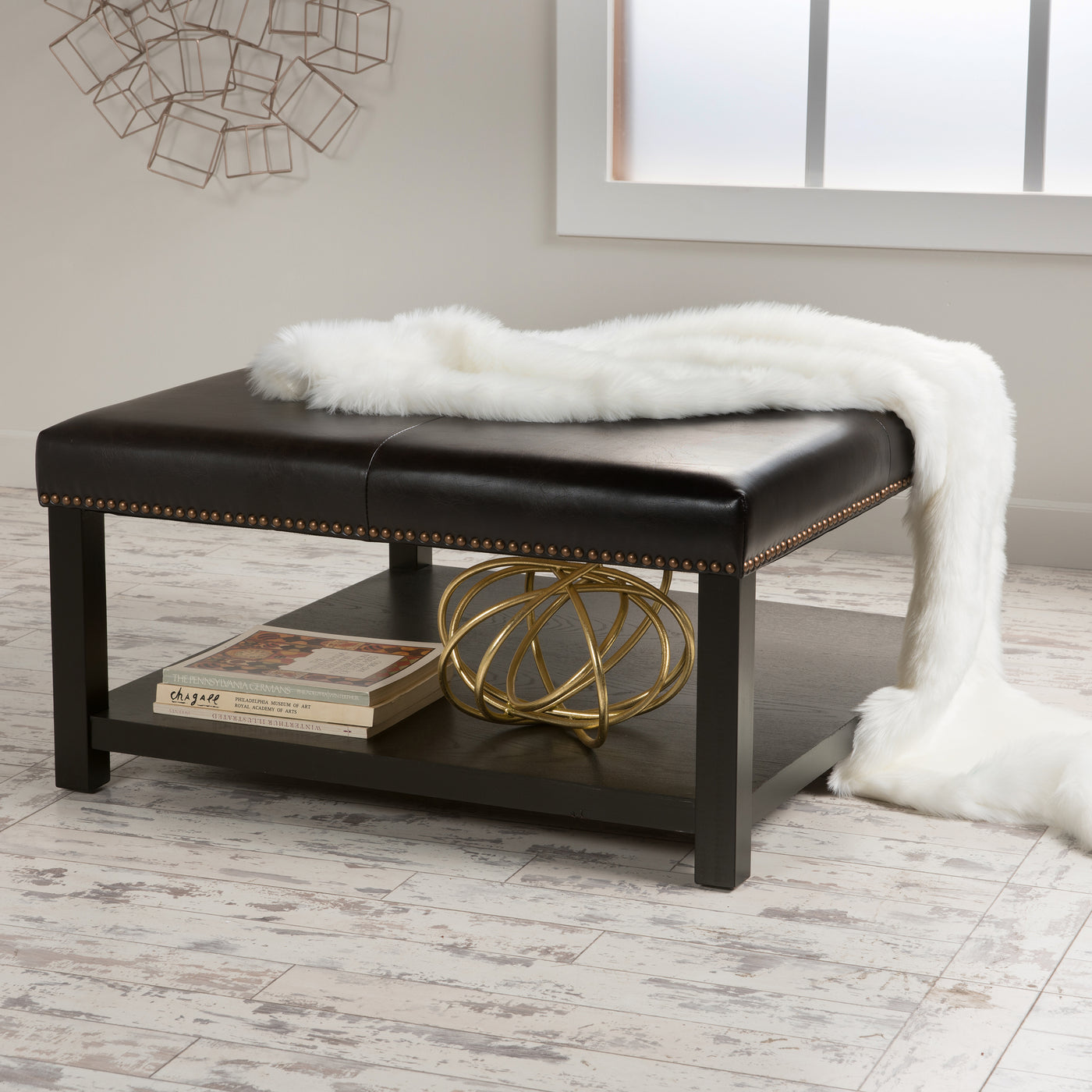 Large Square Ottoman Bench Faux Leather Coffee Table with Rack and Wood Legs