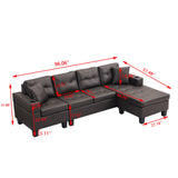 4-Seat Faux Leather Chaise Sofa with Chaise Dark Brown 96"