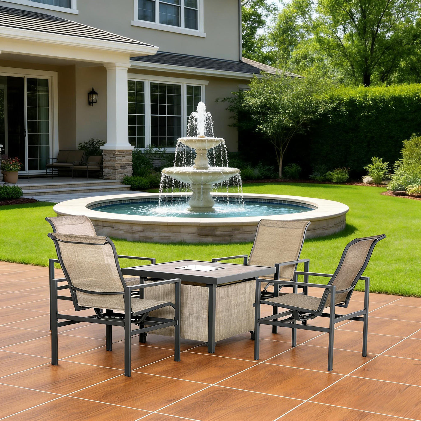 Outdoor Dining Set Steel Mesh 5 Piece 4 Rocking Chairs Built In Ice Bucket