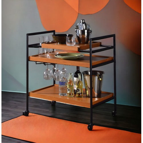 Serving Cart - Metal & Wood - Honey Oak & Black - Casters