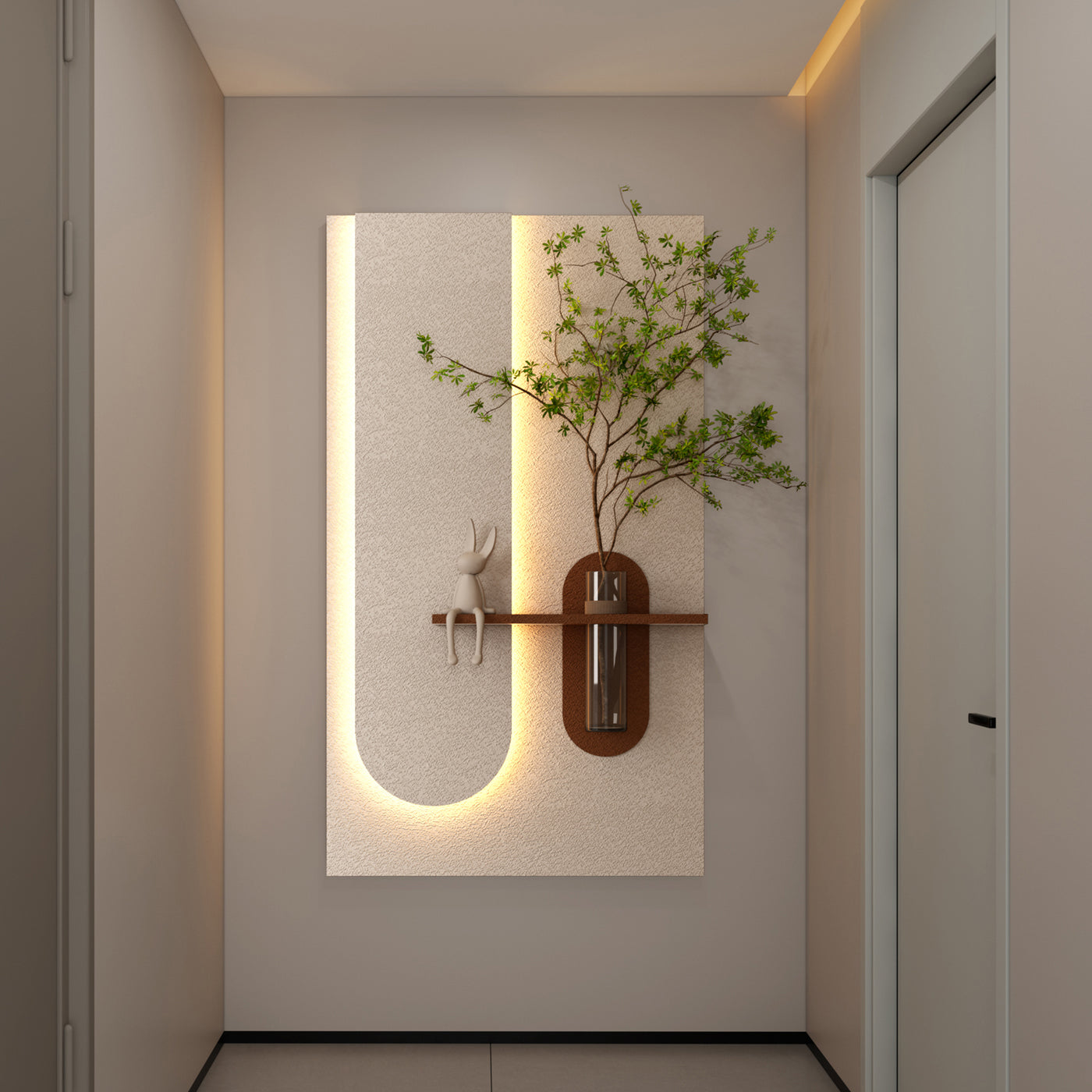 3D LED Sandstone Wall Art with Plants, Rabbit & Glass Vase