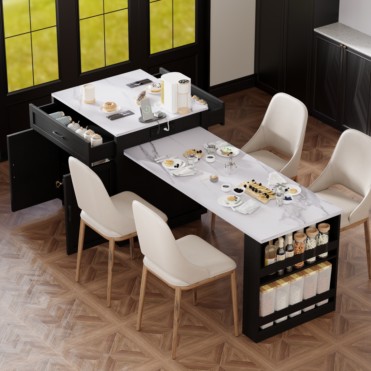 K&K 82.7 inch Kitchen Island with Extendable Dining Table for 4-6 Person,Faux Ma
