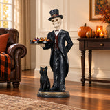 Halloween Skeleton Butler Floor Statue with Serving Tray and Black Cat for Home