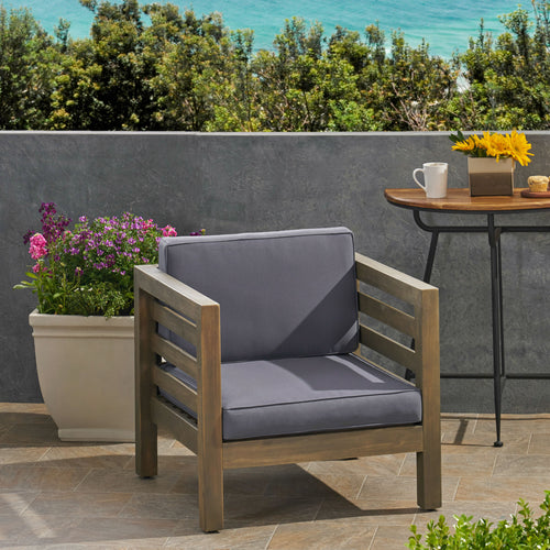 Outdoor Club Chair, Acacia Wood Patio Chair with Fabric Cushion, Backyard, Grey