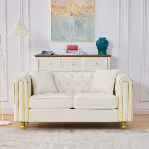 63" Modern Velvet Loveseat Sofa Button Tufted Chesterfield Beige