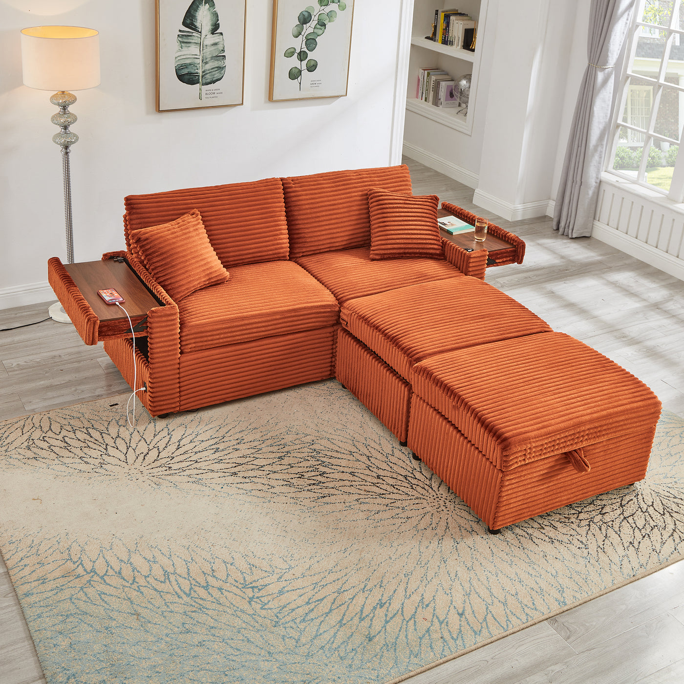 Fluffy Corduroy Chaise Lounge Sectional with Storage Ottomans