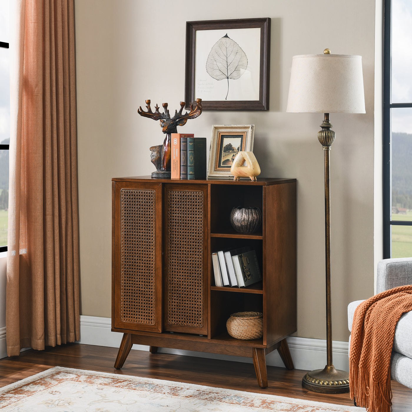 Mid Century Modern Rattan Sideboard Cabinet Dark Wood