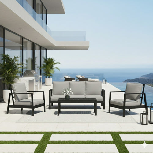 Outdoor Patio Set Aluminum Black Light Gray 4 Piece Seats 5