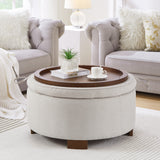 Round Storage Ottoman with Reversible Lid, Boucle Fabric Upholstered, Beige