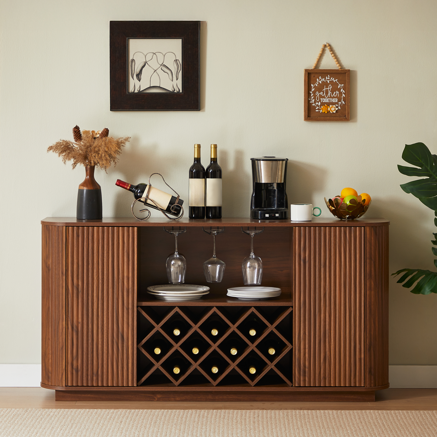 58" Modern Wavy Curve Walnut Sideboard Wine Rack Storage