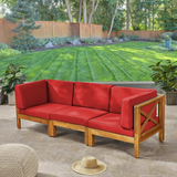 Outdoor Sectional Sofa Set Acacia Wood Cross-Back Red 3 Seater