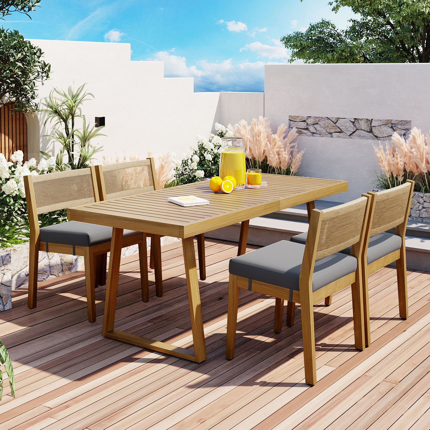 Acacia Wood Outdoor Dining Table and Chair Set with Cushions