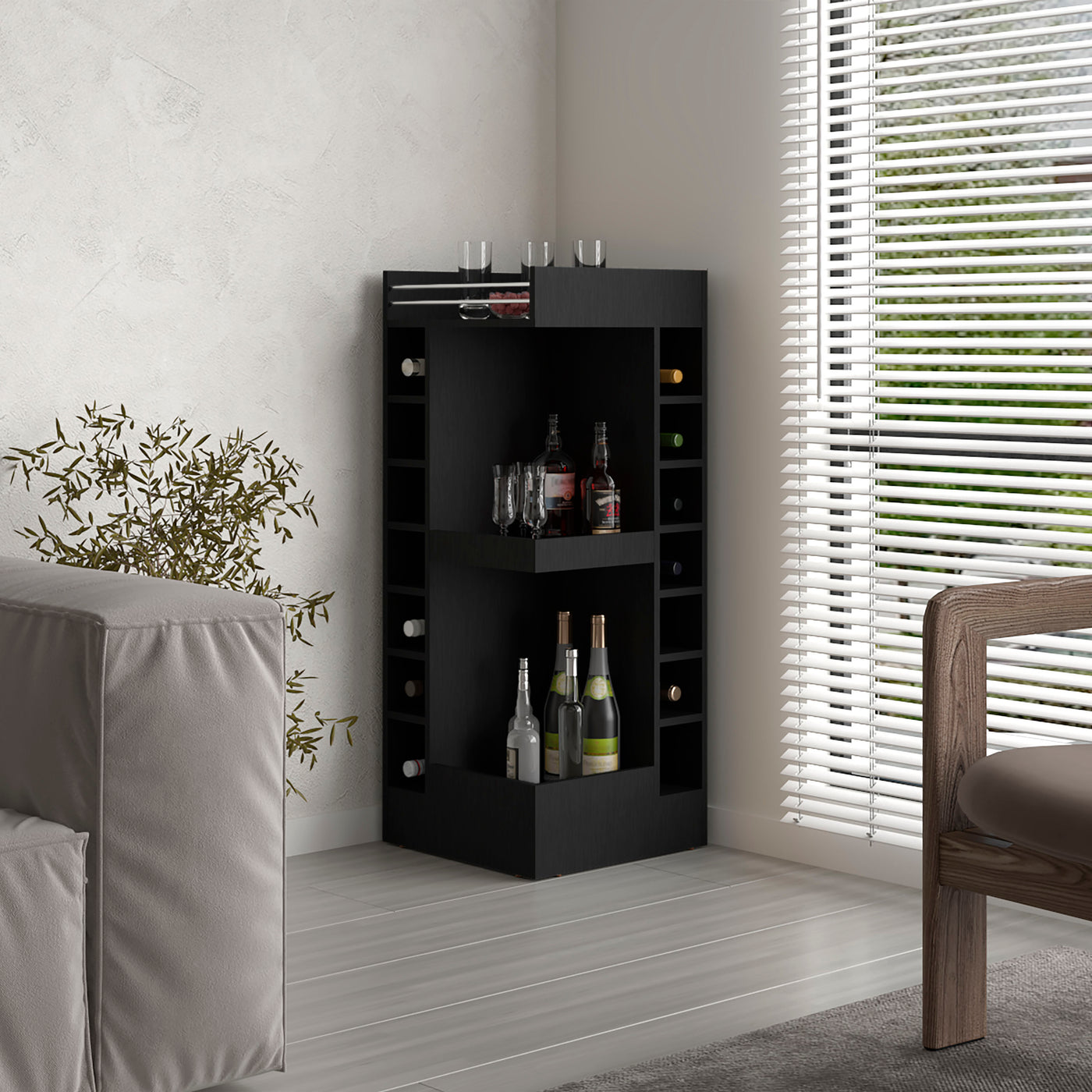 3-Tier Corner Wine Bar Cabinet Black 46" Tall Storage