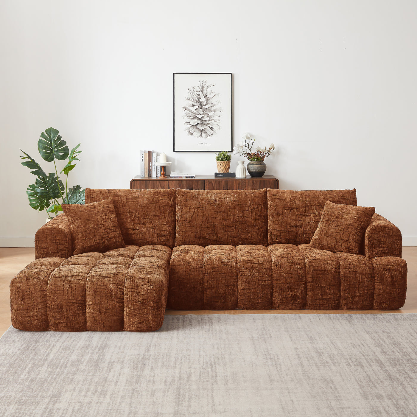 Sectional Sofa L-Shape Chenille Orange 4 Seat 108 In No Assembly