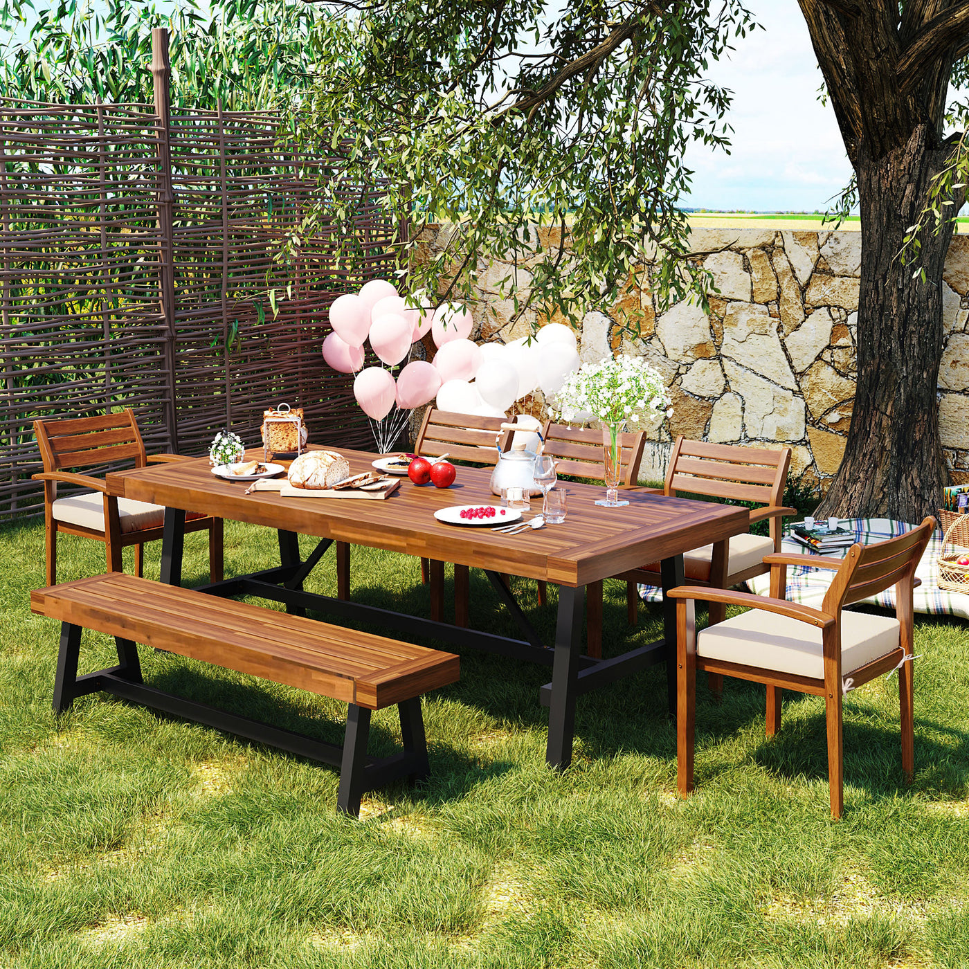 7-8 Person Outdoor Wood Dining Set With Cushions and Bench