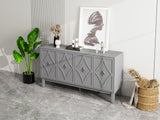 Vintage Black Oak 4-Door Cabinet w/ Hand-Carved Geometric Doors