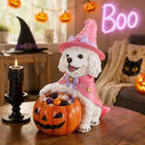Halloween White Teddy Puppy Figurine, Witch Dog Holding Pumpkin Candy Bowl Decor