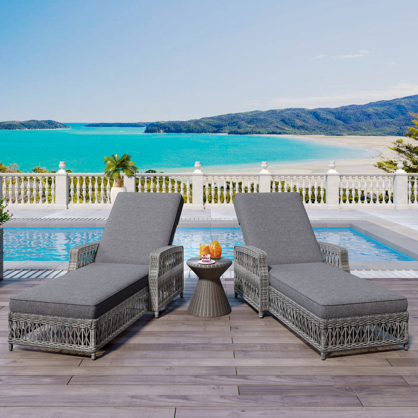 GO 2 Pieces Long Reclining Chaise, Outdoor Wicker Lounge with Armrests, Patio Adjustable Recliner with Soft Removable Cushions, All Weather Rattan Pool Lounge for Poolside & Garden, Gray