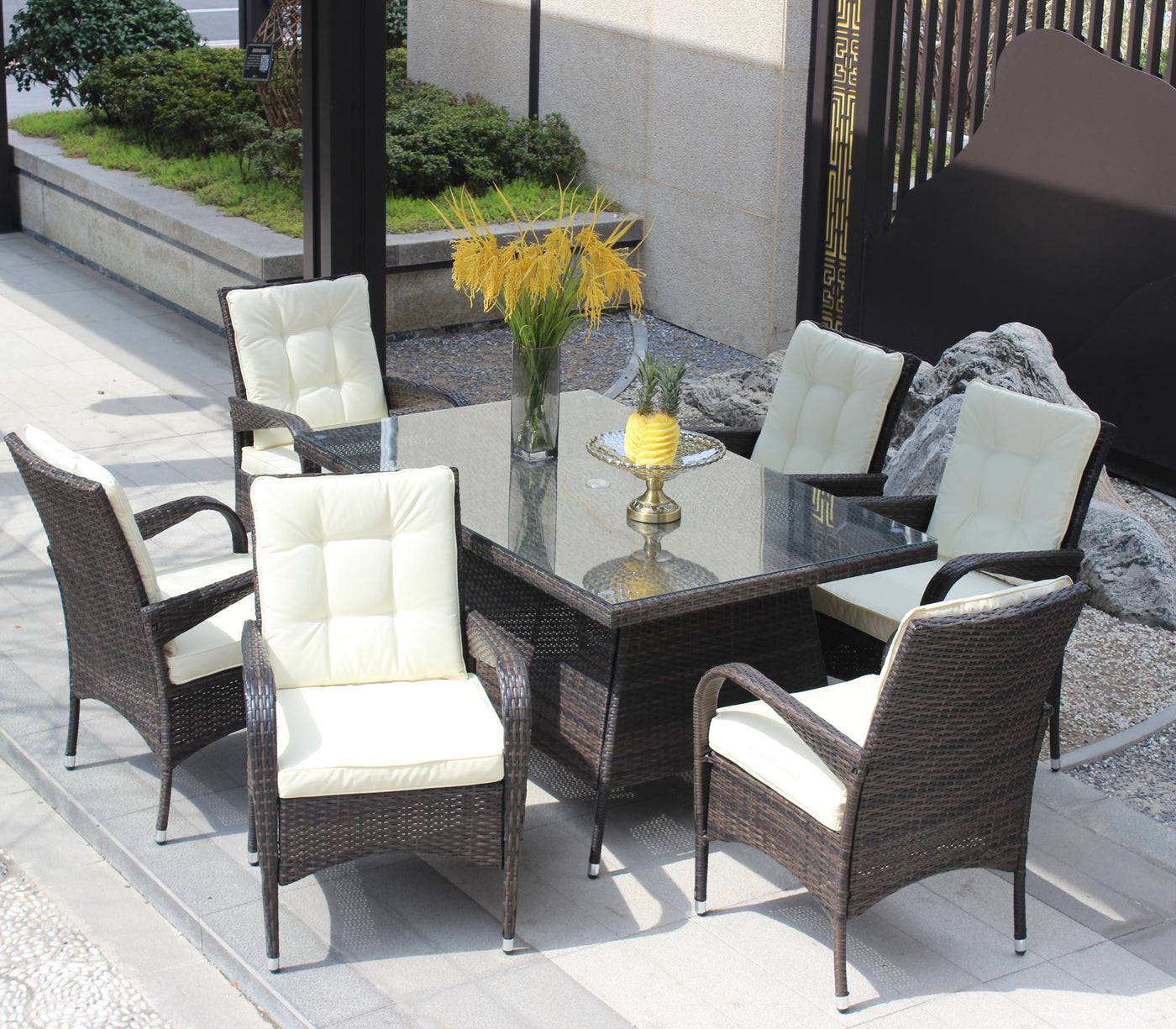 7-Piece Patio Dining Set with 6 Chairs Brown Beige Cushion