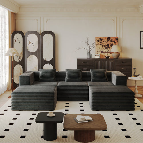 Sectional Sofa Modular Corduroy Gray 3 Seat 2 Ottomans 107 In No Assembly