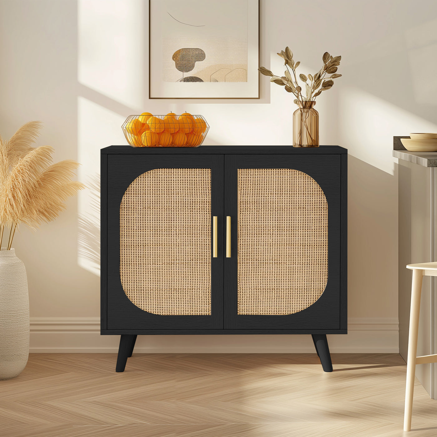 Black Buffet Cabinet with Storage, 2 Doors, 4 Compartments