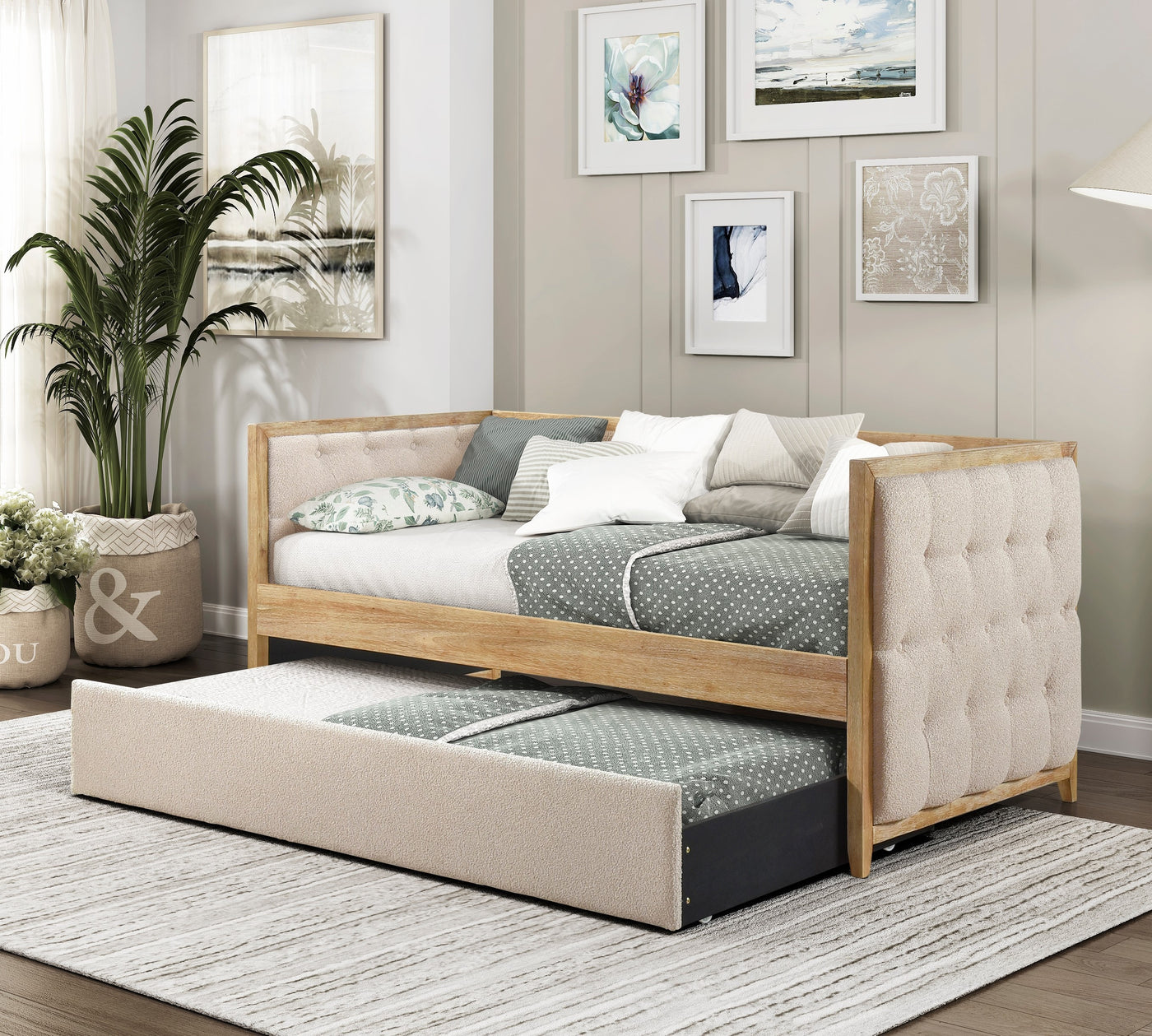 Modern Beige Boucle Tufted Daybed with Pull-out Trundle