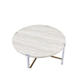 Round Coffee Table - White Oak and Chrome Finish - Metal X-Frame