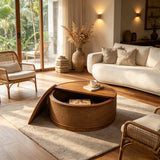 Round Engineered Wood Coffee Table with Storage Natural
