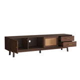 TV Stand Mid-Century Dark Brown Solid Wood Rattan Sliding Door Fits 80 In TV