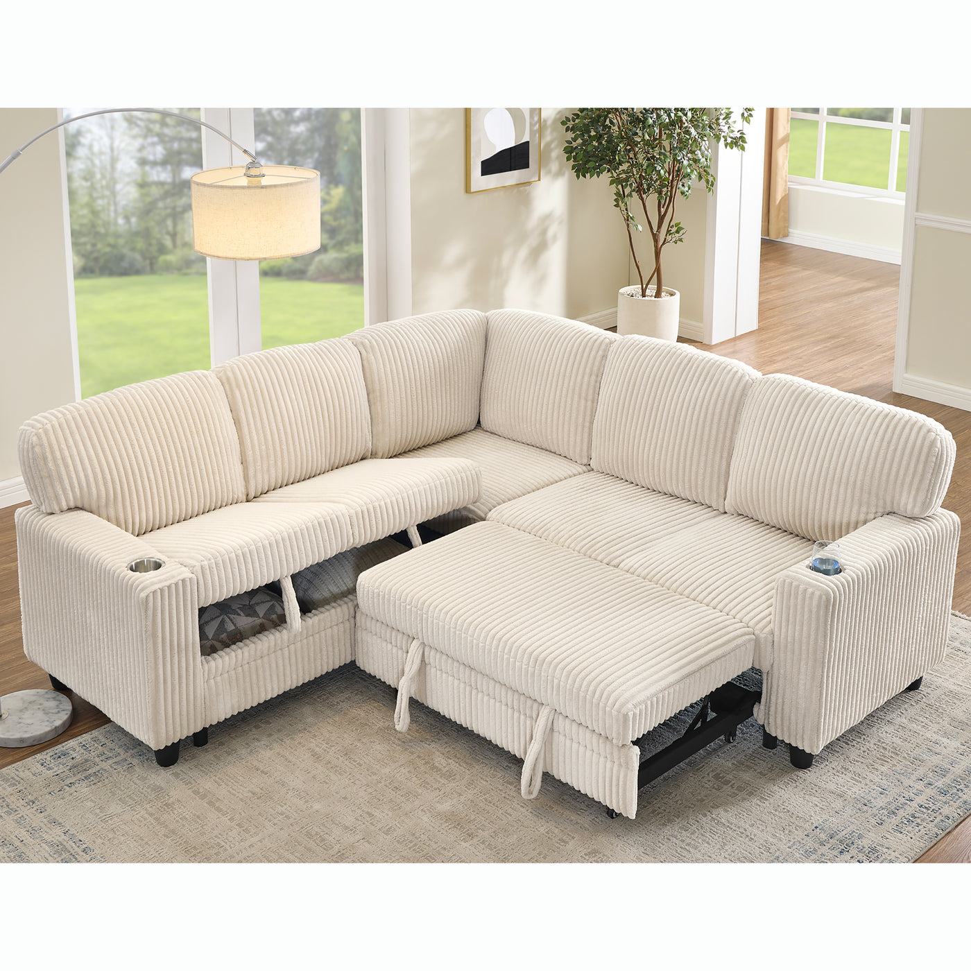 Sofa Bed L-Shape Corduroy Beige 5 Seat Pull-Out USB Ports 81 In