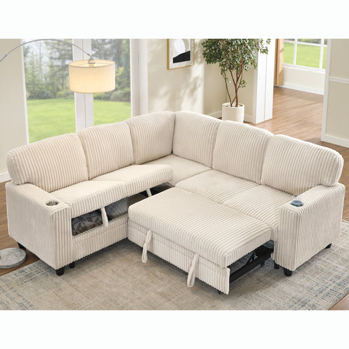 Sofa Bed L-Shape Corduroy Beige 5 Seat Pull-Out USB Ports 81 In