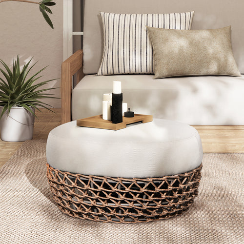 Outdoor Round Ottoman Wicker Beige Wheat Cushion 25in Foam Filled