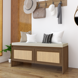 PP Rattan Storage Bench with Cushion, Faux Rattan Shoe Cabinet with 2 Doors