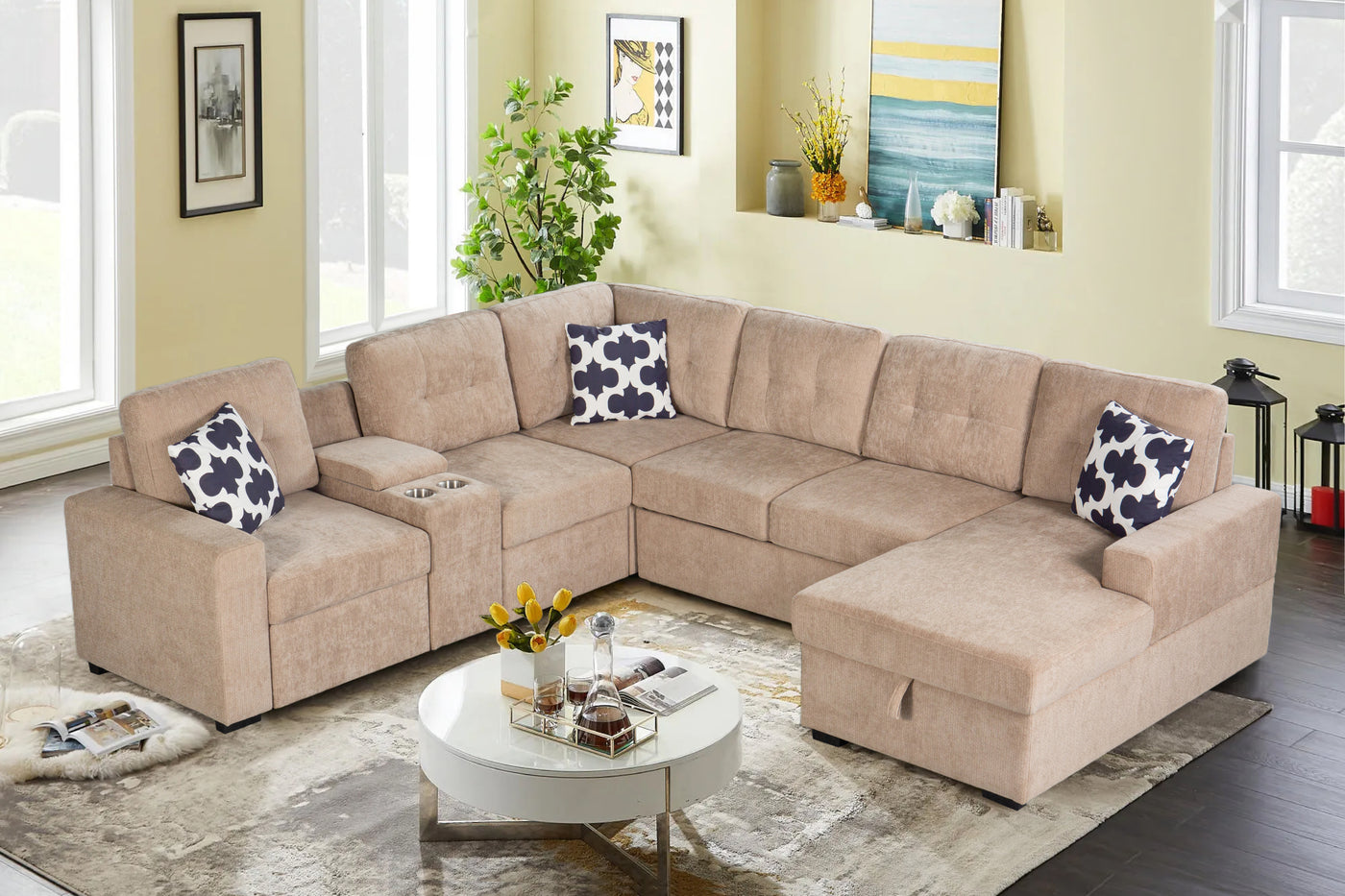 L-Shaped Sectional Sofa with Storage and Cup Holders