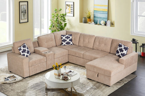L-Shaped Sectional Sofa with Storage and Cup Holders