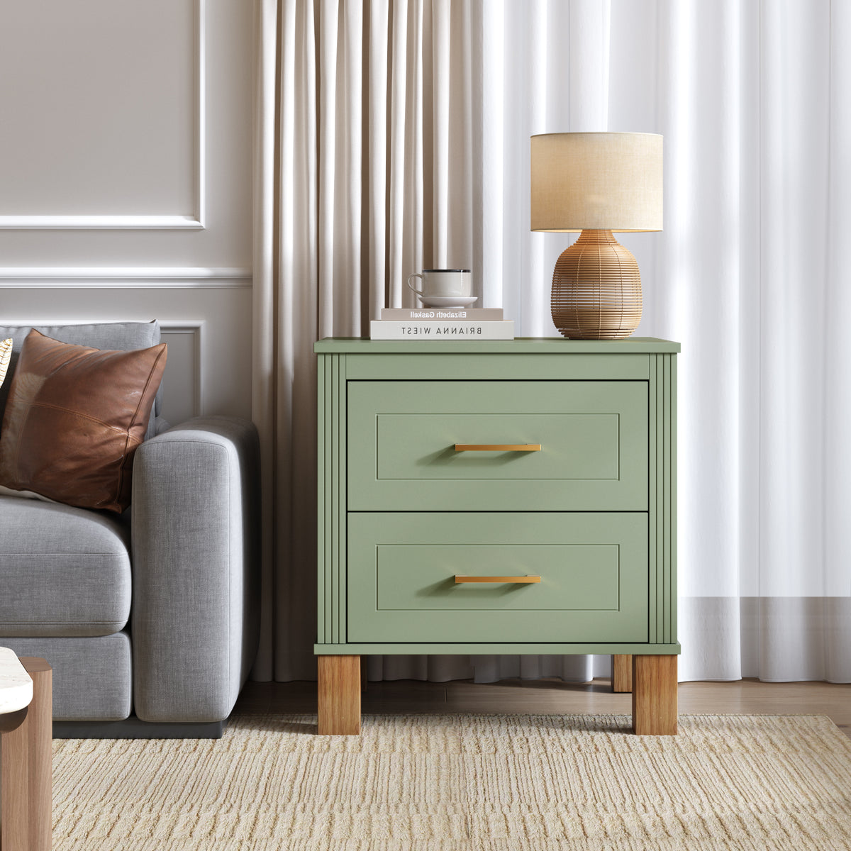 Solid Wood Nightstand Sage Green