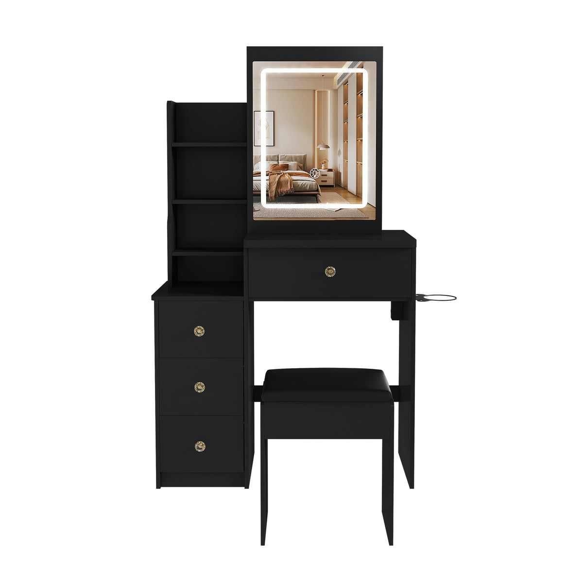 Modern Vanity Desk with 3 LED Lighting Modes, 4 Drawers, Open Shelves, Hair Drye