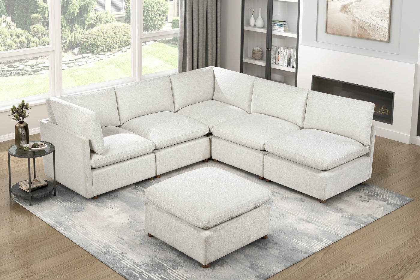 Luxury Beige 6-Piece Modular L-Shape Sectional Sofa with Ottoman