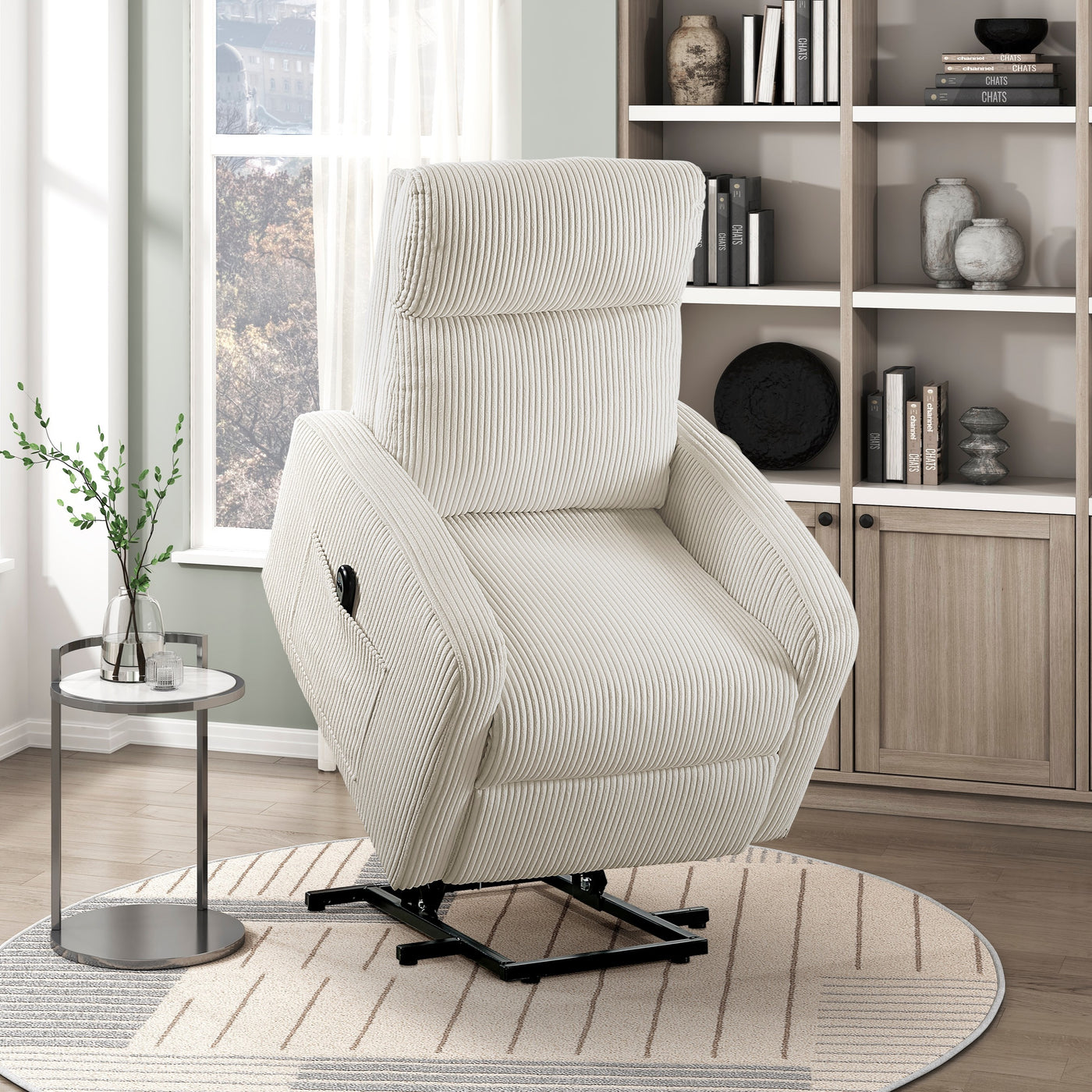Beige Corduroy Power Lift Chair Recliner with Side Pocket